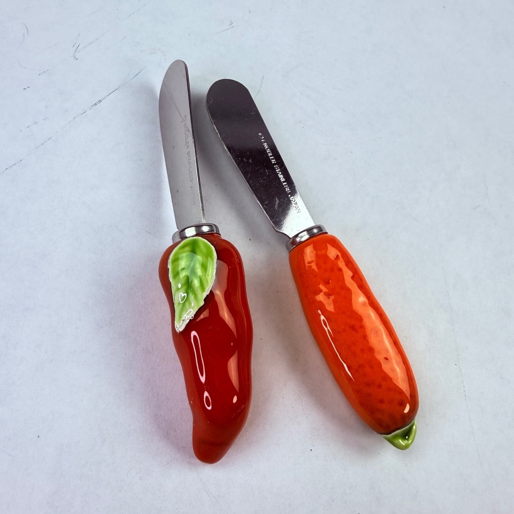 Vintage‎ Knobler Japan Stainless Ceramic Vegetable Cheese Spreaders Chili Carrot